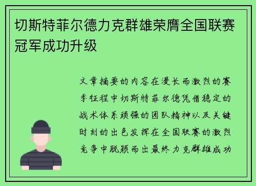 切斯特菲尔德力克群雄荣膺全国联赛冠军成功升级