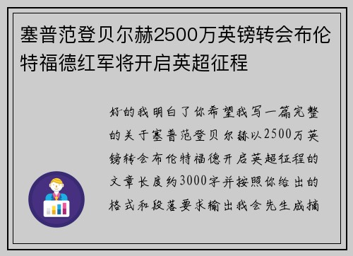 塞普范登贝尔赫2500万英镑转会布伦特福德红军将开启英超征程